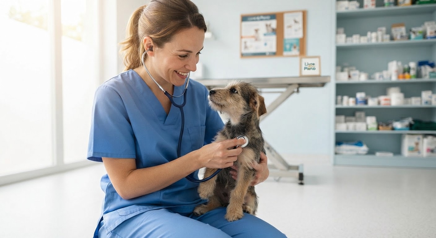 Veterinária examinando um cachorro com estetoscópio